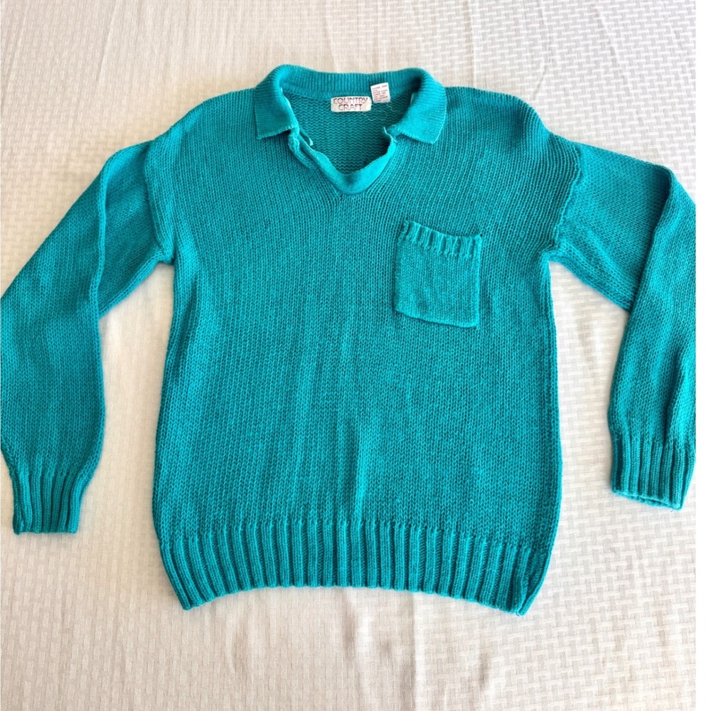 Vintage Country Craft Teal Knit Polo Sweater Ramie Cotton Turquoise Size 44